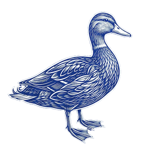 The Lakemon duck — blue engraved mallard, mascot of the lake